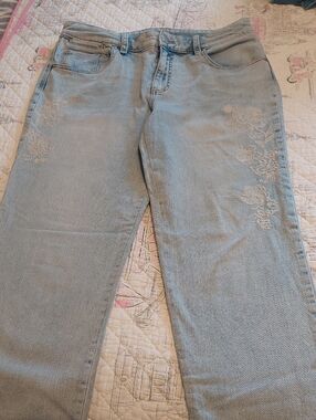 Chico's Light Blue Straight-Leg Jeans with Floral Embroidery